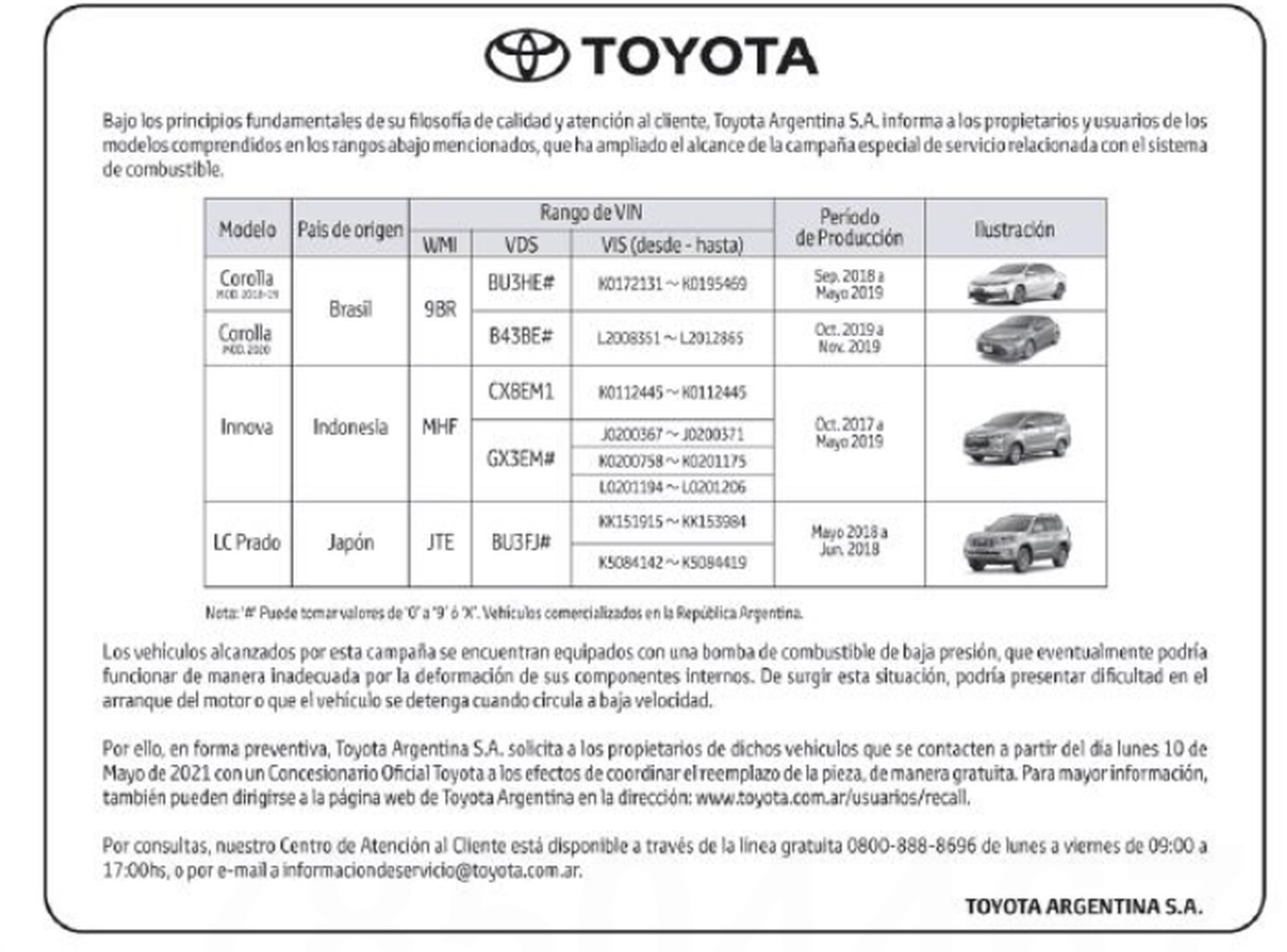 Modelos y n&uacute;meros de chasis afectados en este recall de Toyota en Argentina.