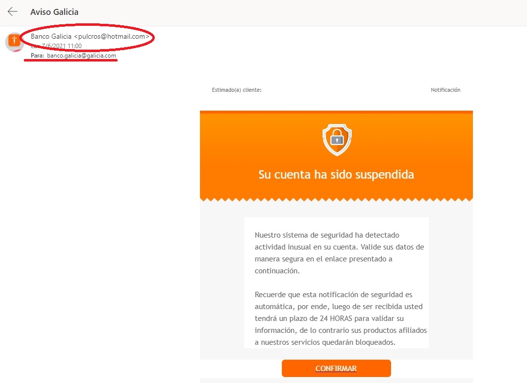 El mail no es del banco, y en el asunto intentaron simularlo.