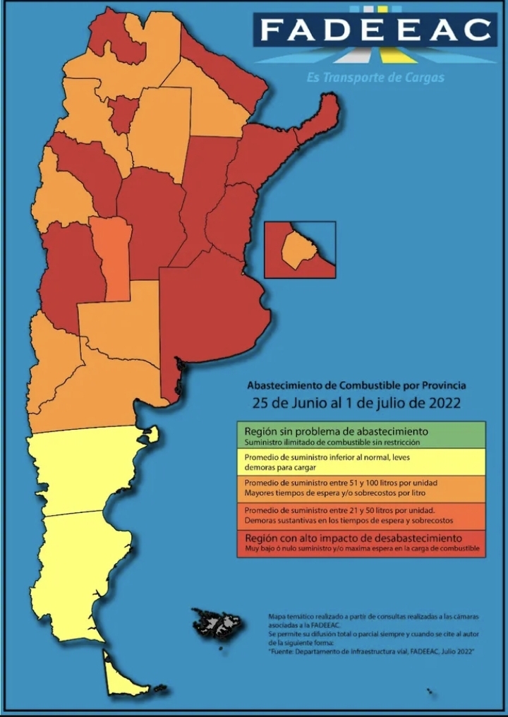El mapa sobre los problemas con el gasoil en el país. Todos los distritos están con problemas